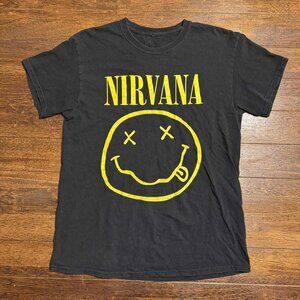 Nirvana 90's Grunge Smiley‎ Face Logo Band T-Shirt Sz M Black Yellow